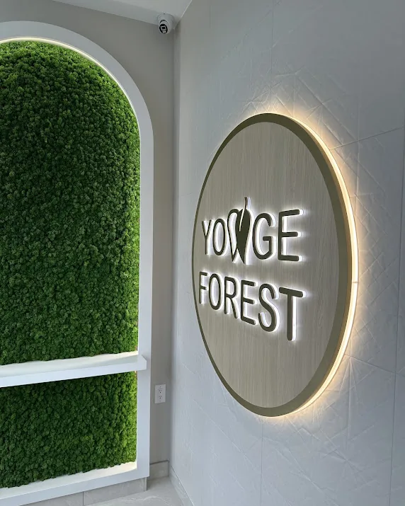Backlit Yonge Forest Dental logo sign beside the moss wall in the reception area