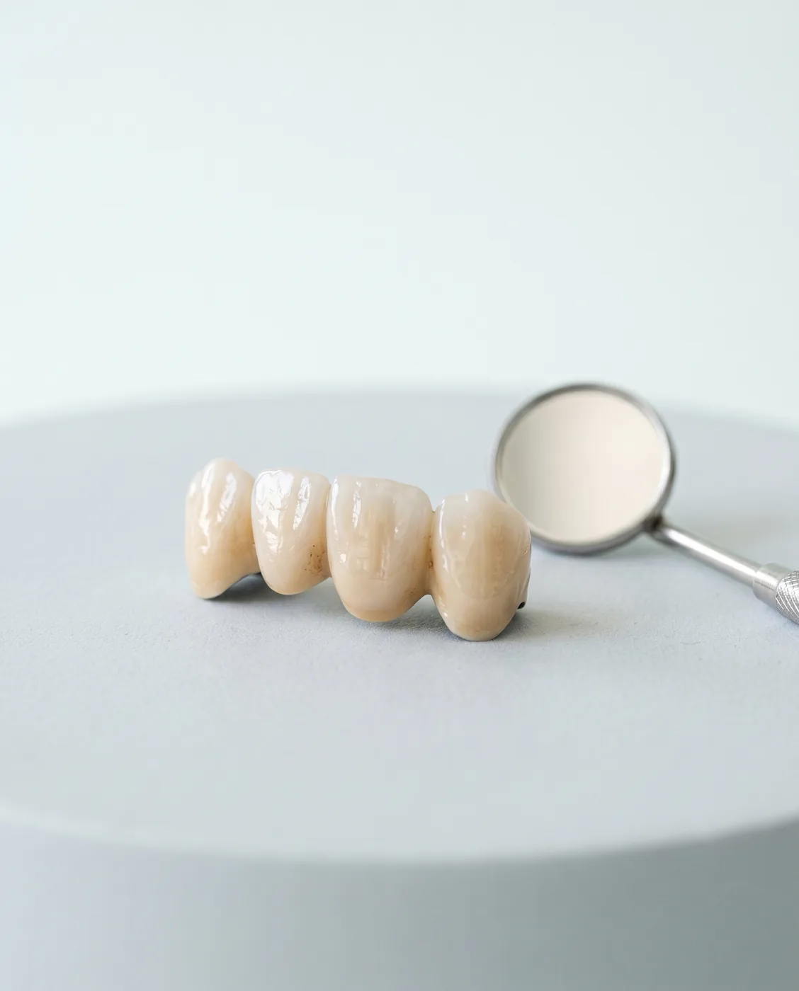 Custom porcelain dental bridge with a dental mirror at Yonge Forest Dental