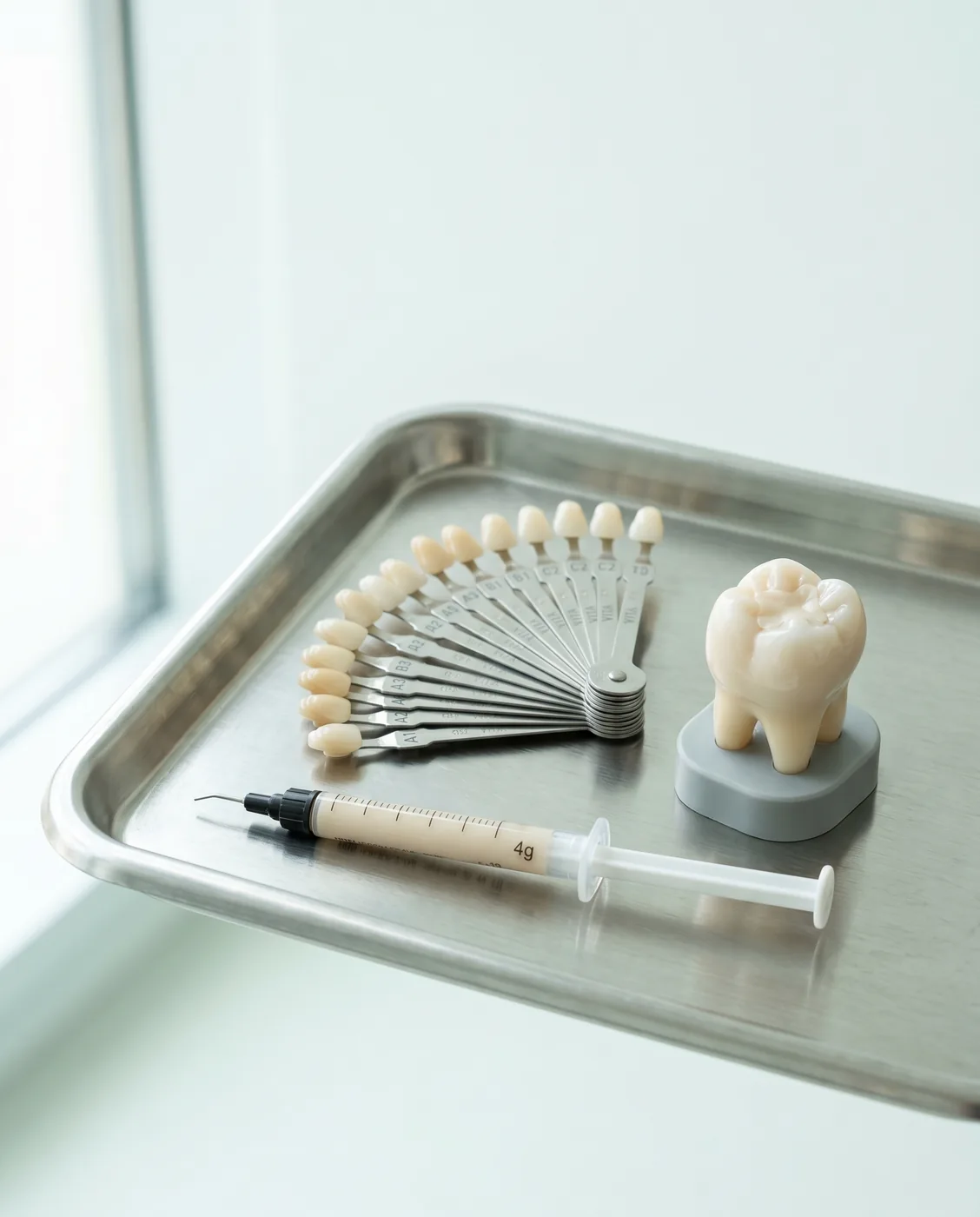 Tooth-colored composite restoration materials, shade guide and tooth model at Yonge Forest Dental